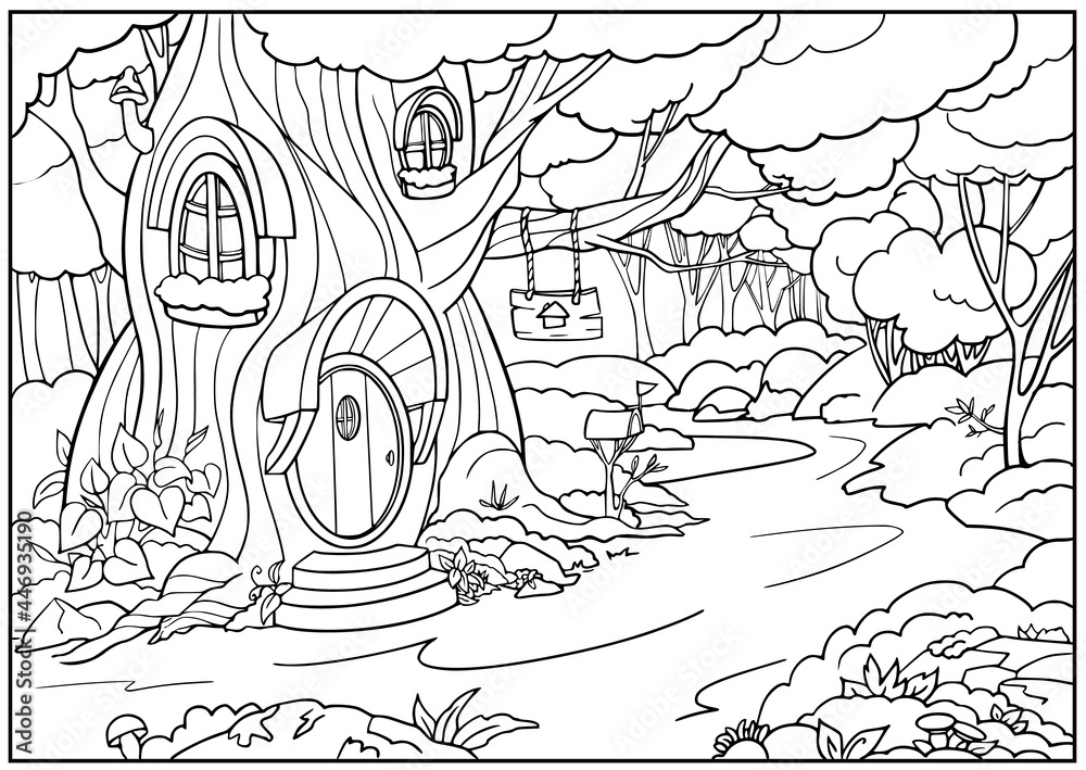 Coloring page forest tree house. Children coloring book with drawing fairies landscape. Kids vector illustration.