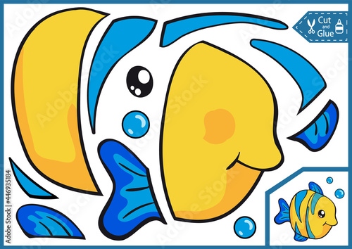 Kids paper game for craft puzzle. Cut and glue fish. Activity page and worksheet for children. Cutout cartoon toy. Vector illustration.