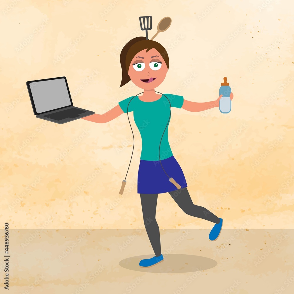 young woman balancing with baby bottle and computer in hands, work life ...