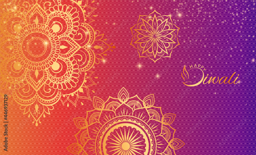 Happy Diwali Hindu Gradient Card With Golden Traditional Mandala Ornament Background