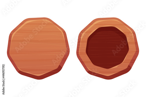 Wood sign, banner, wooden round empty plank in cartoon style isolated on white background. Game assets, ui element. Textured material, frame for massage, decoration. 