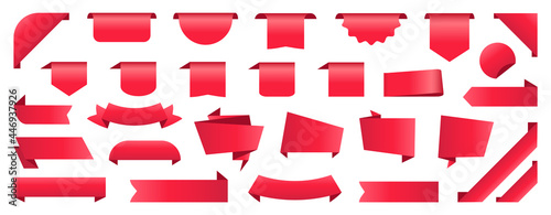 Set of labels and ribbons. Red ribbon banners for sale. Tags and sticker for advertising. Vector illustration.