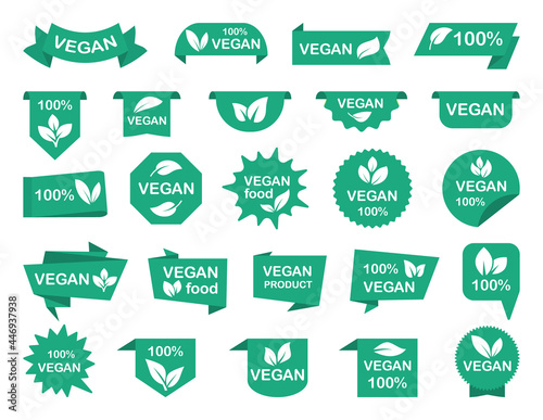 Set of vegan green labels. Vegan ribbons banners and tags for promotion vegetarian products. Vegan stickers for packaging food. Collection logos and badges for healthy food. Vector illustration.