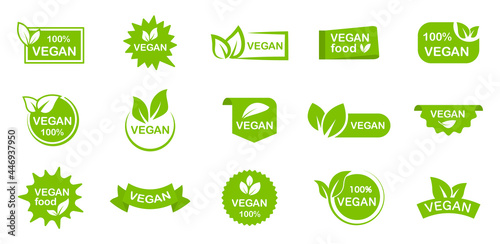 Set of organic, eco, vegan, bio food labels. Stickers of 100 percent, healthy, fresh, natural product. Collection logos and badges for healthy food. Green emblems for promotion vegan products.
