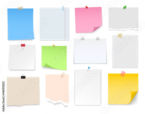 Note paper with pin, binder clip, push pin, adhesive tape and tack. Blank sheet, sticky note, torn piece of paper and notebook page. Templates for a note message. Vector illustration.