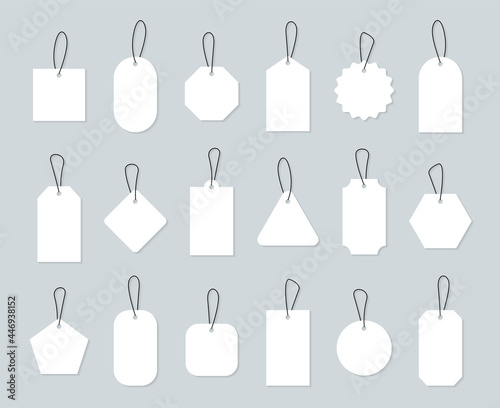 Set of blank price tags. Shopping paper labels with rope. Blank labels for discount and sale. Gift tags in different shapes. Vector illustration.