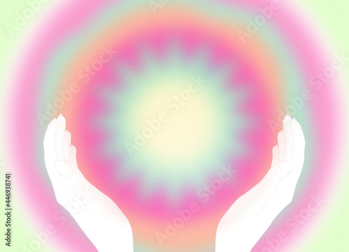 Retro, pink, green, yellow healing aura, energy field with 2 hands  - grainy, high resolution gradient background