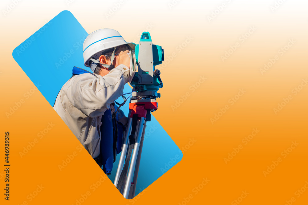 Surveyor with a tripod. Man surveyor on orange background. Man with optical level. Theodolite in hands of a surveyor. Collage with builder at work. Geodetic works. Employee of geodetic company - obrazy, fototapety, plakaty 