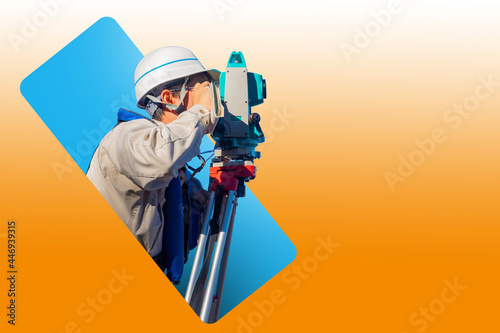 Surveyor with a tripod. Man surveyor on orange background. Man with optical level. Theodolite in hands of a surveyor. Collage with builder at work. Geodetic works. Employee of geodetic company