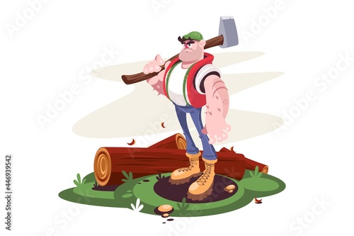 Lumberjack male with axe and downed log in forest