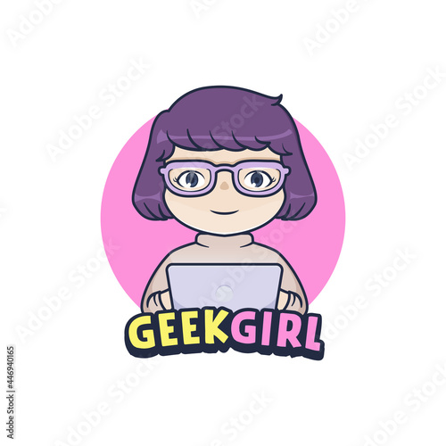 Geek girl in front of laptop, logo mascot design