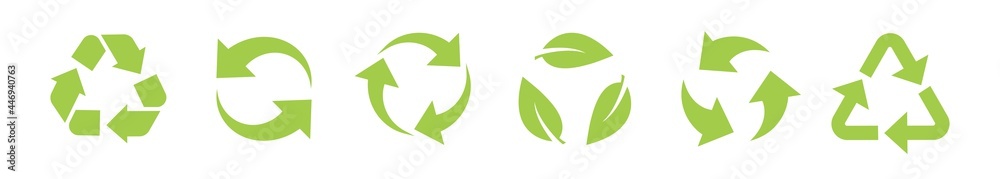 Recycle vector icon set. Arrows, heart and leaf recycle eco green symbol. Rounded angles. Recycled signs illustration isolated on white background. Recycle vector icon set. Arrows, heart and leaf recycle eco green symbol. Rounded angles. Recycled signs illustration isolated on white background.