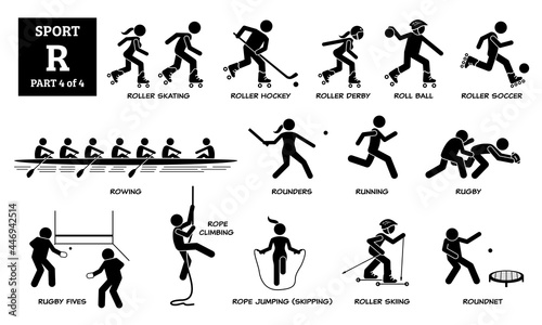 Sport games alphabet R vector icons pictogram. Roller skating, roller hockey, derby, roll ball, soccer, rowing, rounders, running, rugby, rugby fives, rope climbing, skipping, skiing, and roundnet.