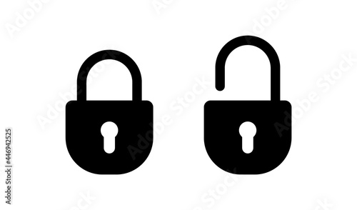 Lock unlock icon set black color isolated on white background. Flat style vector illustration of locked and unlocked padlocks icons. Protection icon.