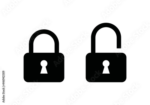 Lock unlock icon set black color isolated on white background. Flat style vector illustration of locked and unlocked padlocks icons. Protection icon.