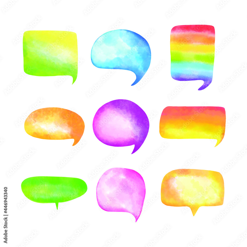 A set of watercolor speech bubbles of different shapes and colors on a white background. A set of watercolor speech bubbles of different shapes and colors on a white background.