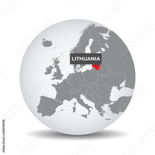 World globe map with the identication of Lithuania. Map of Lithuania. Lithuania on grey political 3D globe. Europe countries. Vector stock.