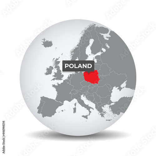 World globe map with the identication of Poland. Map of Poland. Poland on grey political 3D globe. Europe countries. Vector stock.