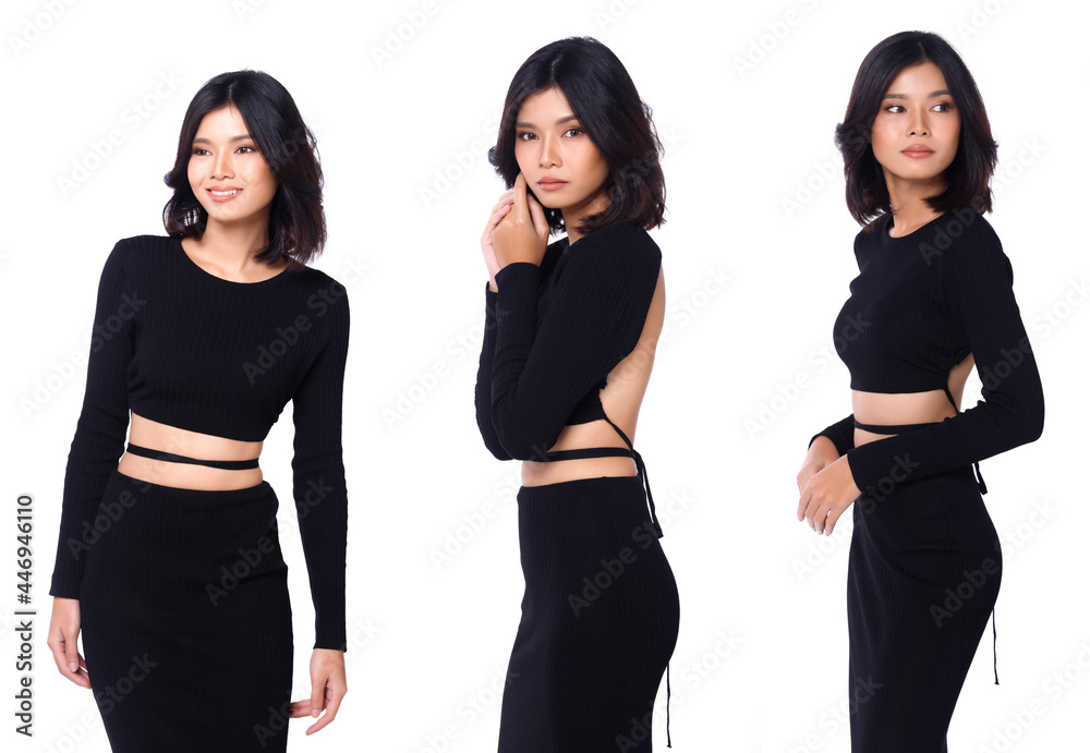 Asian Woman black hair stand 360 turn rear side back view isoalted Asian Woman black hair stand 360 turn rear side back view isoalted