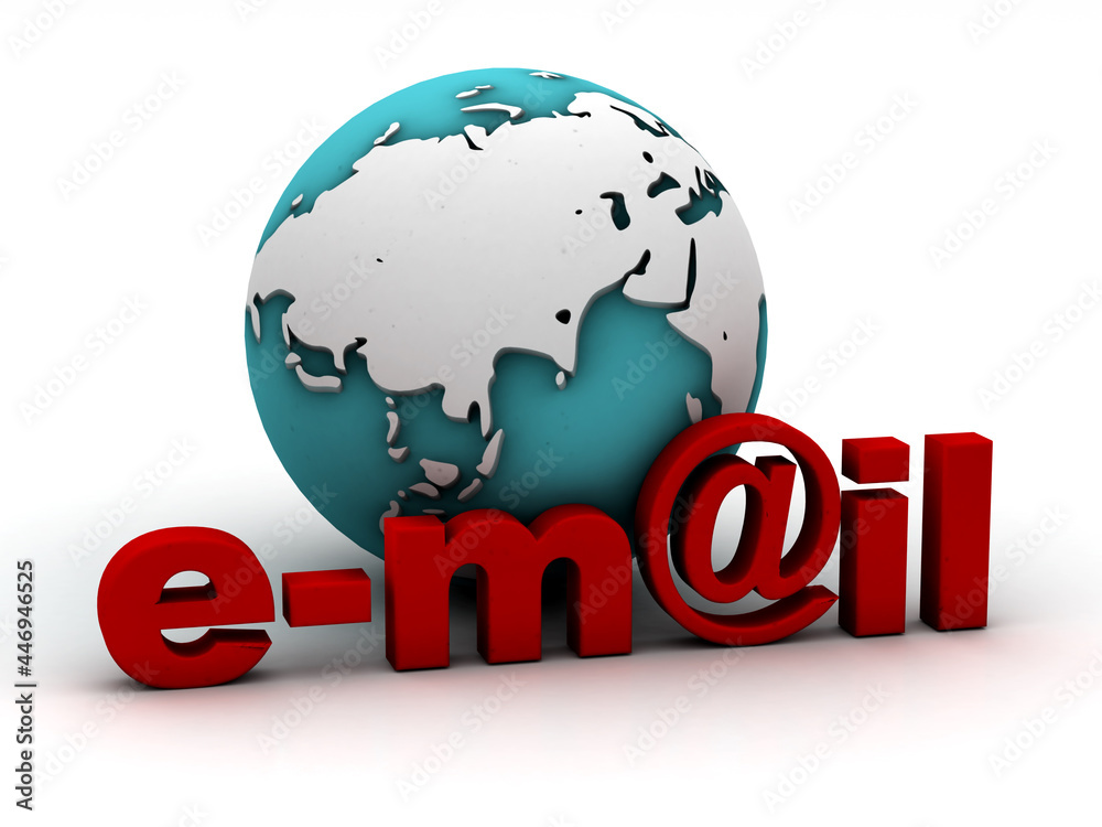 Email concept, word email with envelope, globe map and metal at sign, 3d illustration Email concept, word email with envelope, globe map and metal at sign, 3d illustration