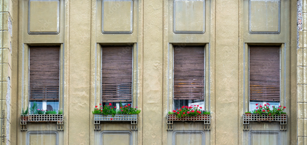 Detail of two windows with old wooden or metal shutters with flower ornamental decoration.