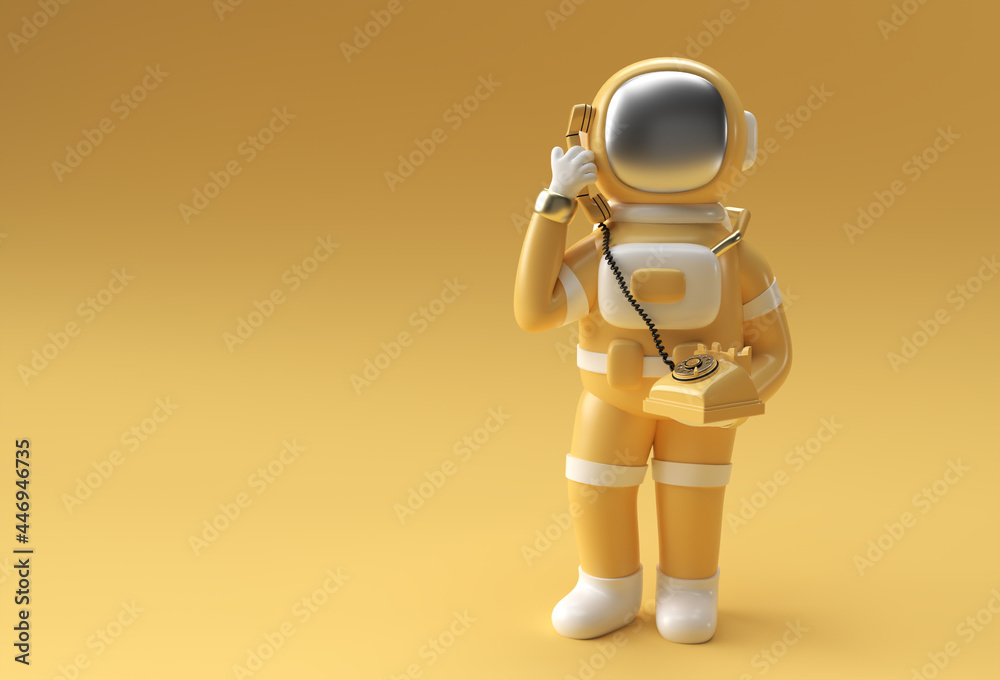 3d Render Astronaut calling gesture with old telephone 3d illustration Design.