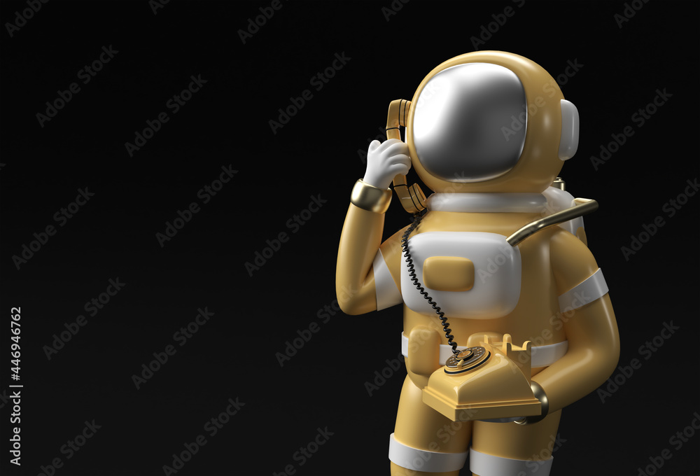 Naklejka premium 3d Render Astronaut calling gesture with old telephone 3d illustration Design.