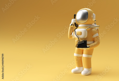 3d Render Astronaut calling gesture with old telephone 3d illustration Design.