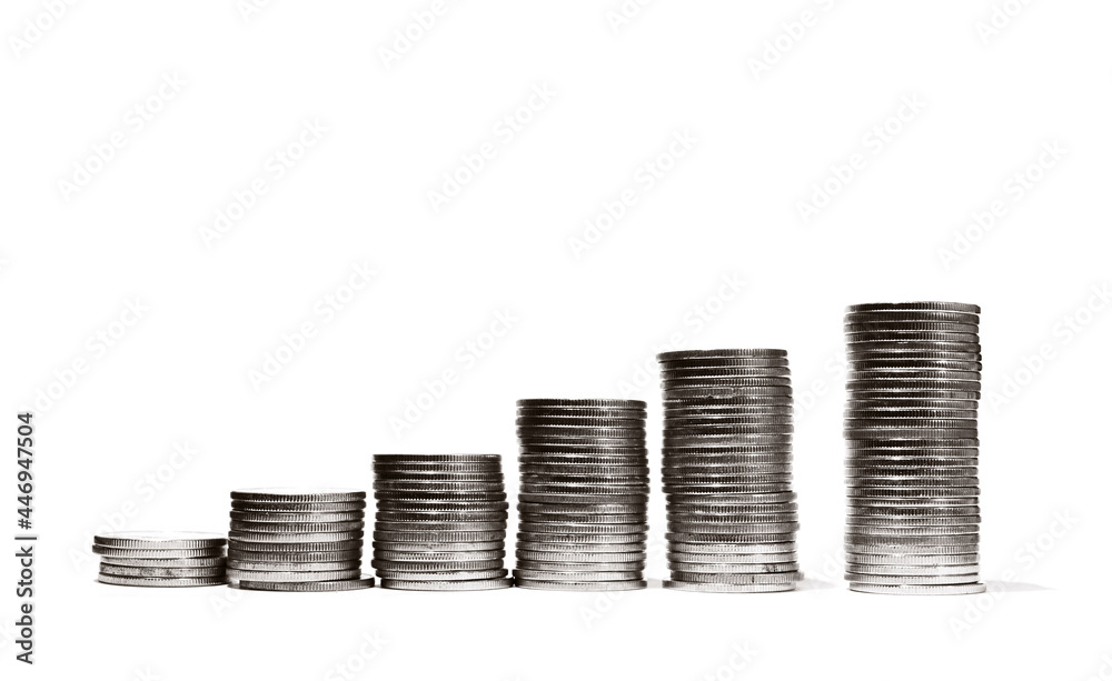 stacks of coins, getting progressively taller from left to right, against a white background. stacks of coins, getting progressively taller from left to right, against a white background.