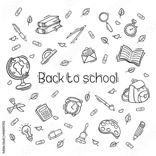 Hand drawn back to school icon set in doodle style. Knowledge day. Vector illustration isolated on white background.