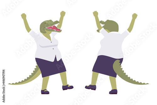 Crocodile happy woman, green reptile lady, animal head, tail human. Aggressive dangerous person with powerful jaws, teeth, wild predator. Vector flat style cartoon illustration, front and rear view