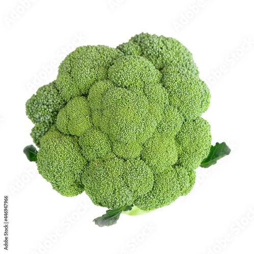 Broccoli isolated on white background. Raw green broccoli vegetable. Close up. Top view.