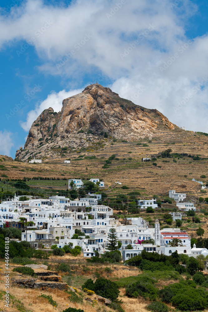 Exomburg (Xomburgo) rocky hill in the center of Tinos island with traditional village underneath