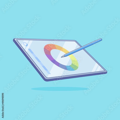 Graphic Tablet with Pen Stylus for Graphic Designer and Illustrator. The Software Displays Color Palette Wheel and Color Picker Tool for Drawing. Vector Illustration