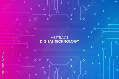 Digital technology banner pink blue background concept with technology lines, abstract tech, illustration. Colorful graphic concept.