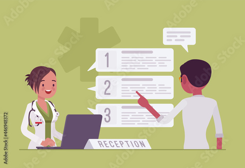 Hospital female administrator, professional healthcare receptionist and patient visitor. Girl welcoming man, fixing clinic appointment using medical software, giving information. Vector illustration
