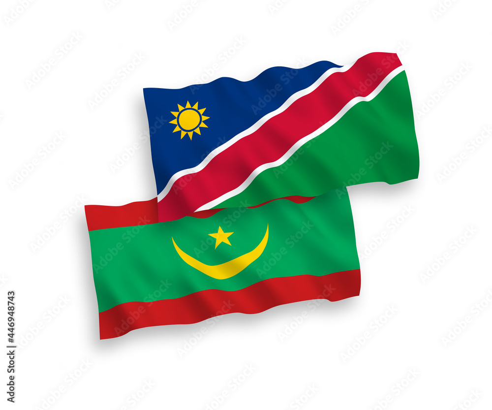 National vector fabric wave flags of Islamic Republic of Mauritania and Republic of Namibia isolated on white background. 1 to 2 proportion. National vector fabric wave flags of Islamic Republic of Mauritania and Republic of Namibia isolated on white background. 1 to 2 proportion.