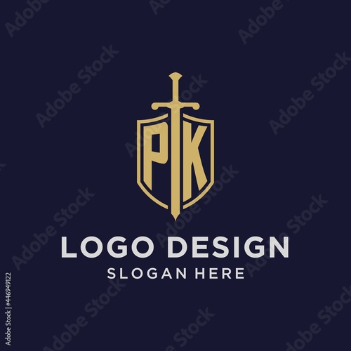 PK logo initial monogram with shield and sword design