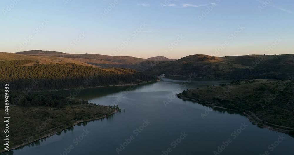 Aerial view drone going down from swamp at sunset in Spain Aerial view drone going down from swamp at sunset in Spain