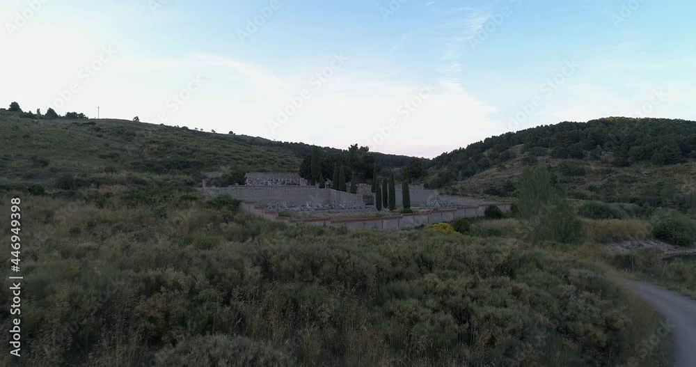 Aerial view cemetery on the banks of the marsh at sunset in summer Aerial view cemetery on the banks of the marsh at sunset in summer