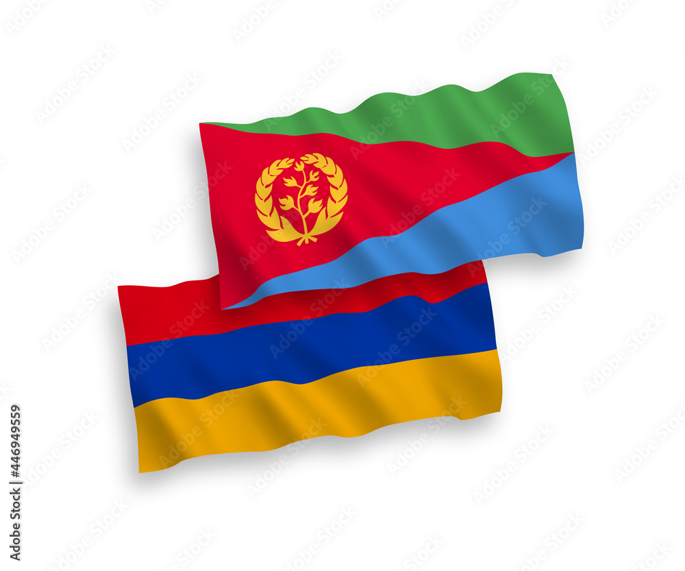 National vector fabric wave flags of Eritrea and Armenia isolated on white background. 1 to 2 proportion.