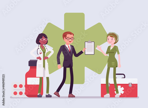 Healthcare male administrator managing doctors, monitoring hospital. Clinic assistant busy to check health record, organize schedule and appointments, star of life medical symbol. Vector illustration