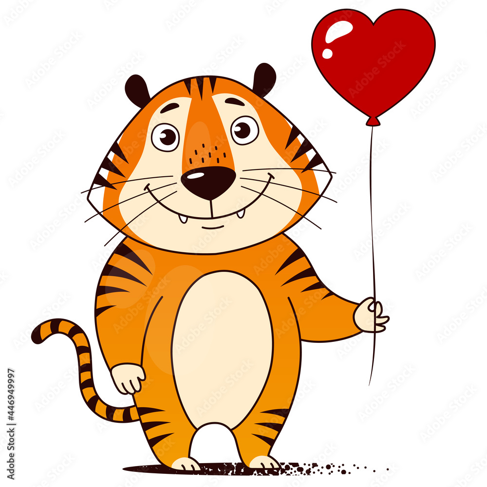 Cool cartoon tiger with red heart-shaped balloon. Symbol of 2022. Vector illustration Cool cartoon tiger with red heart-shaped balloon. Symbol of 2022. Vector illustration