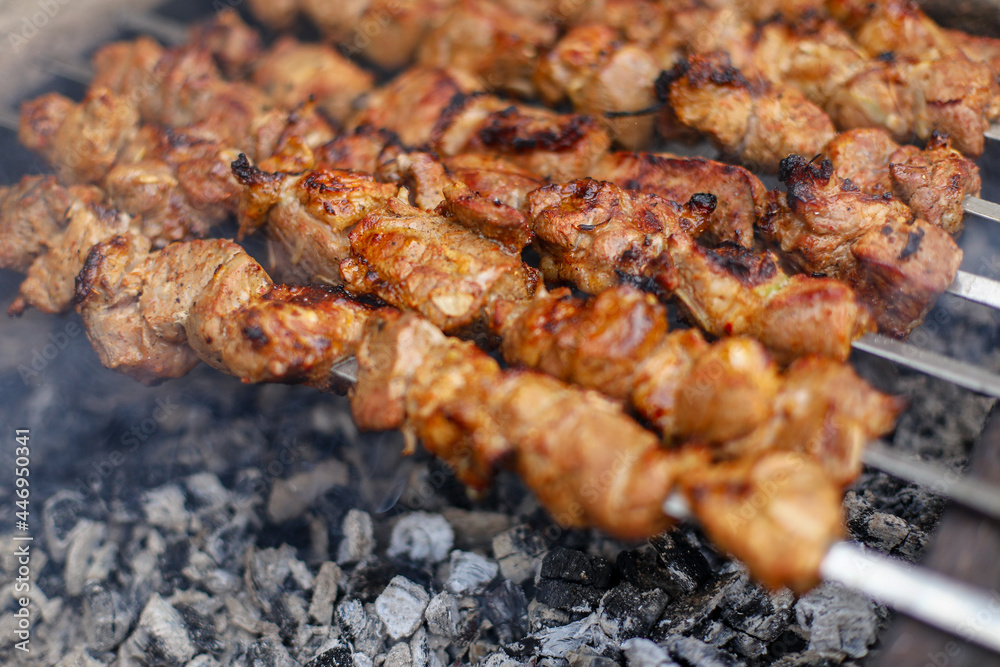 meat on the grill, skewers with meat