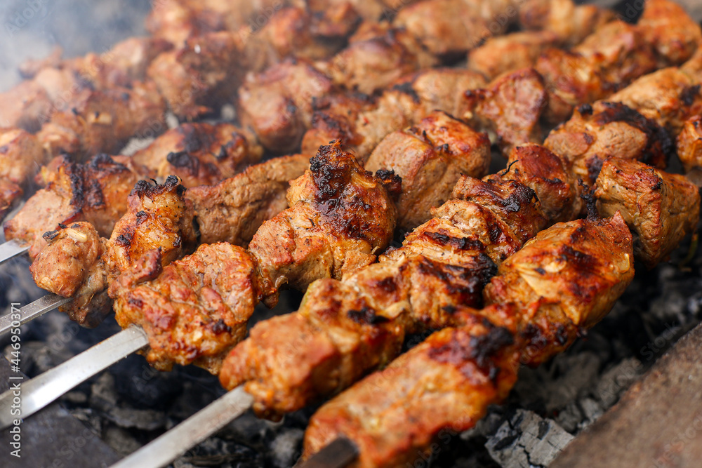 meat on the grill, skewers with meat