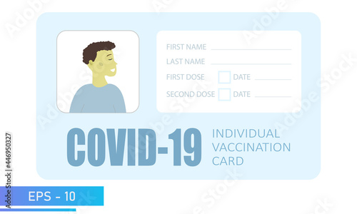 Covid-19 Vaccination card. Asia man. With the cardholder data, photo and data on the delivered doses.