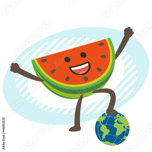 Cartoon Watermelon Character keeping his foot above the planet