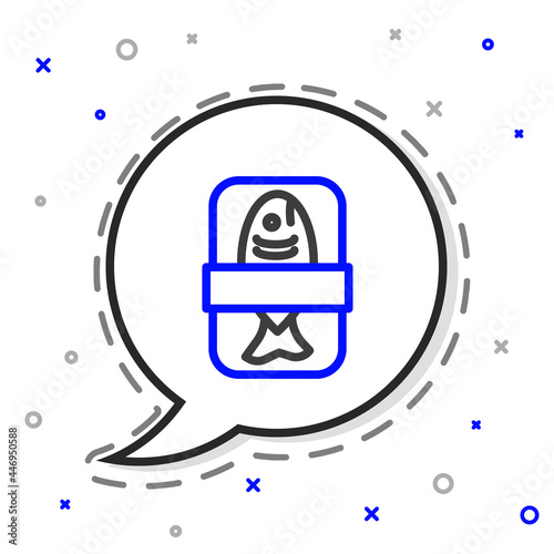 Line Fish plastic tray container with cellophane cover icon isolated on white background. Colorful outline concept. Vector