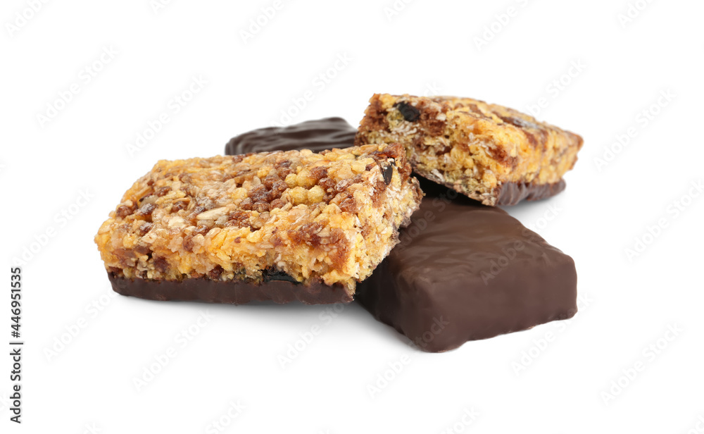 Different tasty protein bars on white background Different tasty protein bars on white background