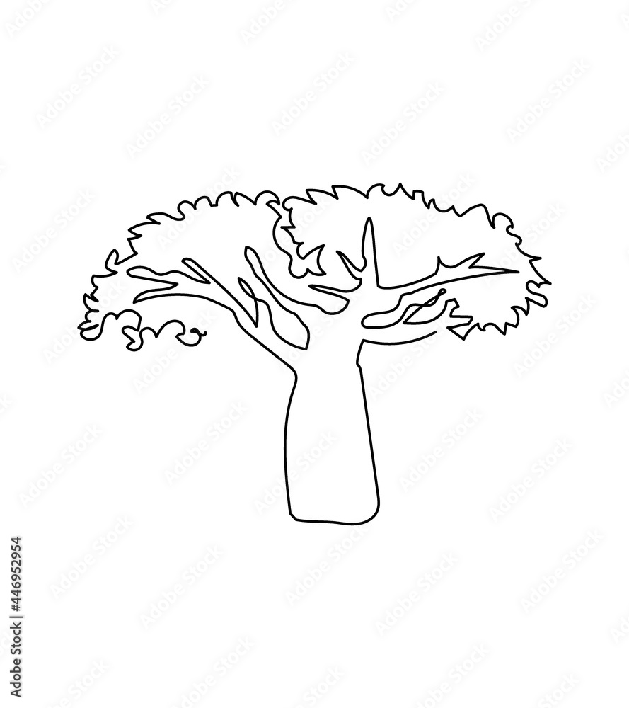 Baobab tree one line art. Continuous line drawing of plants, herb, tree